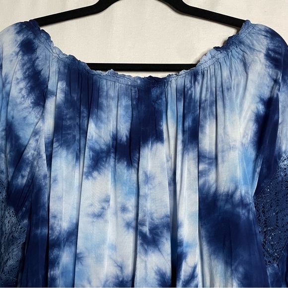 Surf Gypsy Boho Tie-Dye Off-Shoulder Ruffle Kimono Sleeve Tunic Top - Picture 9 of 12